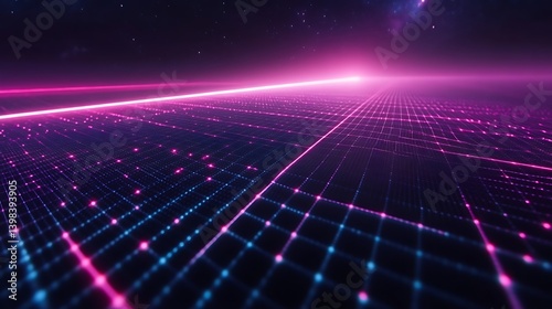 Abstract Grid Network Digital Landscape with Pink Neon Lines