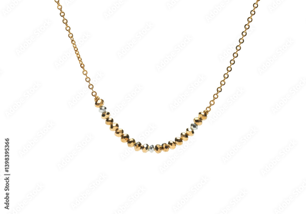 A delicate gold necklace floating horizontally in mid-air against a solid white background A delicate gold necklace floating horizontally in mid-air against a solid white background