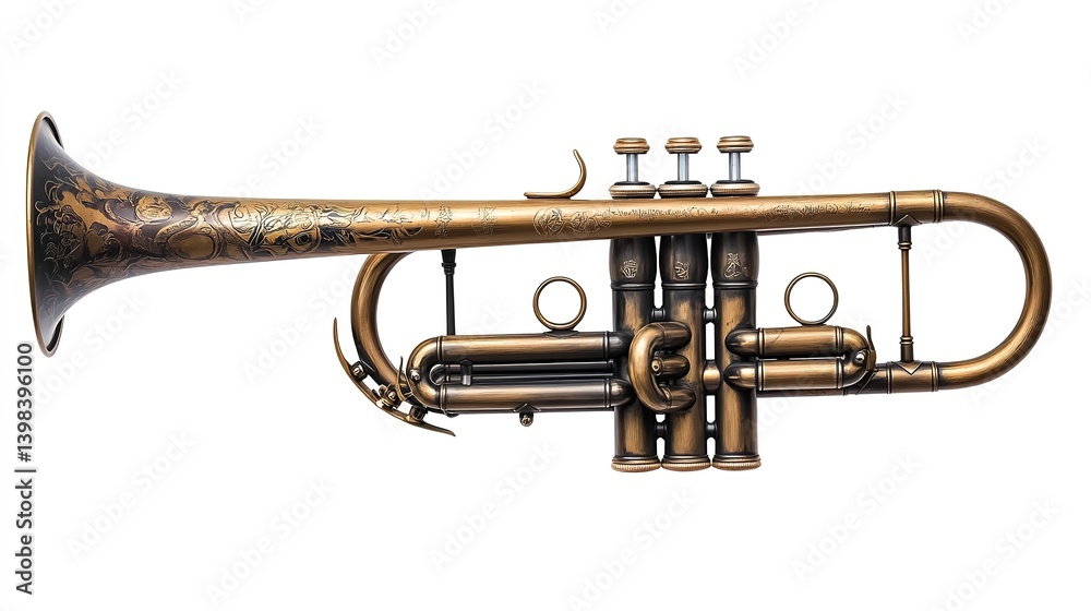 Obraz premium Vintage trumpet showcase musical instrument detailed photography artistic presentation isolated view antique collection