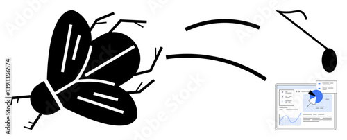 Fly being swatted mid-flight with motion lines and resulting capture displayed as an analytics dashboard. Ideal for creativity, problem-solving, analysis, humor, monitoring, control, simple landing
