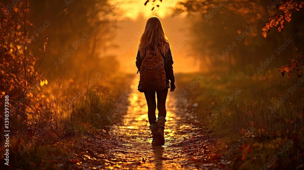 A lone woman walking along a path in a golden landscape