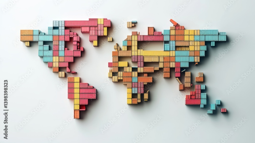 Global trade representation world map of shipping containers infographic business environment aerial view logistics concept