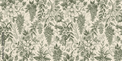 Elegant floral pattern in soft greens and creams, perfect for interior design.