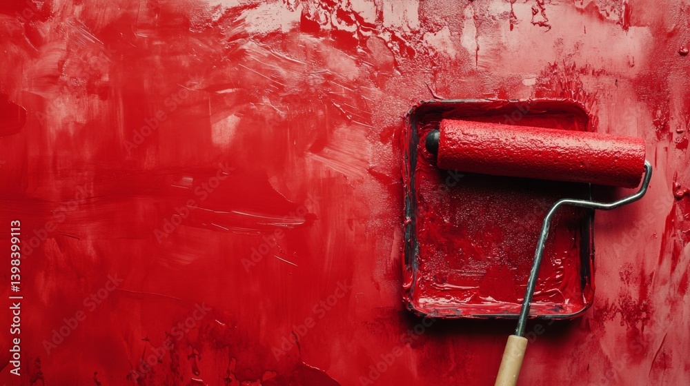 Painting action home improvement image of red paint indoor environment close-up view creative process for renovation