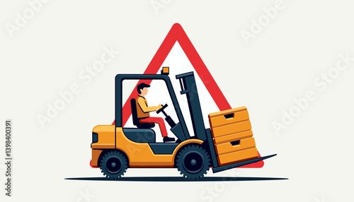 Forklift operator handling boxes under a warning sign  