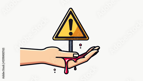 Warning sign held in hand with dripping liquid  