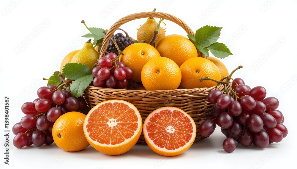 Arrangement of Fresh Fruits in Wicker Basket with Oranges and Grapes Arrangement of Fresh Fruits in Wicker Basket with Oranges and Grapes