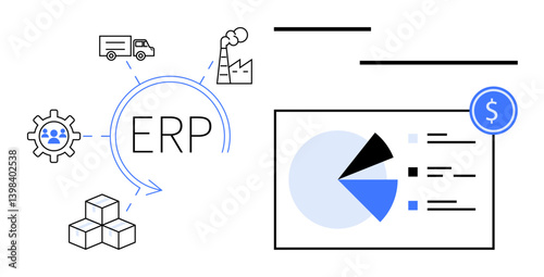 ERP with arrows connecting gear, factory, truck, and boxes. Includes pie chart with financial data. Ideal for resource planning, manufacturing, supply chain, finance analytics business flat simple