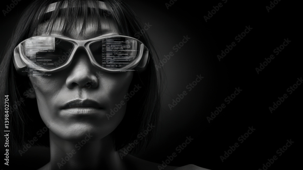 Woman in white tech glasses with glowing reflection. AI-generated black and white conceptual portrait blending cyber theme, individuality and futuristic fashion in sharp light.