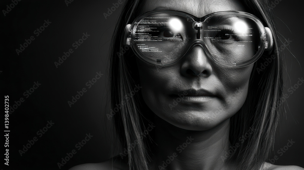 Black and white portrait of woman with reflective tech glasses. AI-generated futuristic concept with cyber identity, urban reflection and bold minimalism in monochrome.