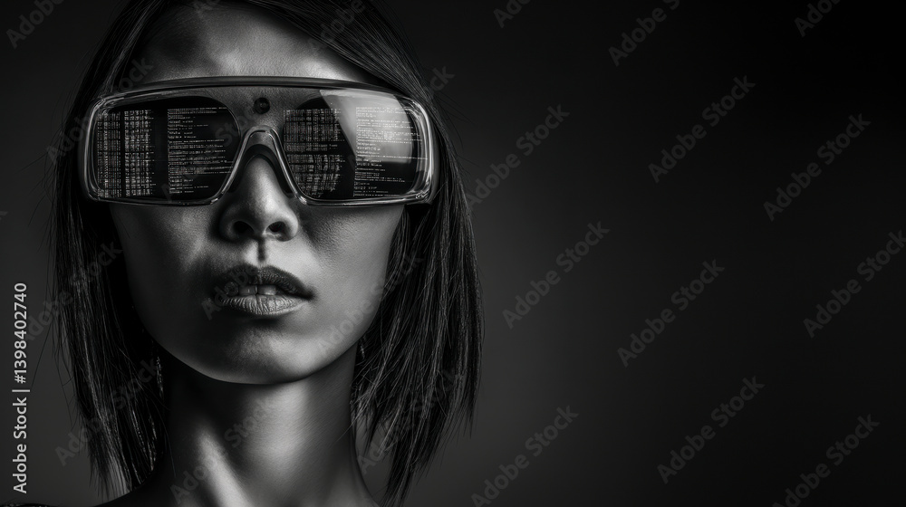 Stylized portrait of woman with linear visor glasses. AI-generated black and white cyberpunk aesthetic with futuristic identity, contrast and clean composition.