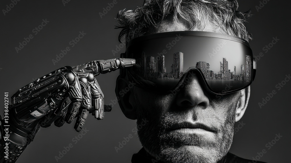 Man with cybernetic fingers and futuristic glasses. AI-generated black and white concept on human-machine integration, identity and dystopian vision of the future.