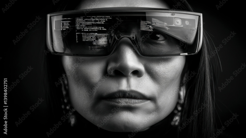 Close-up of woman wearing digital visor glasses showing data. AI-generated black and white portrait mixing cyber identity, future technology and visual overload in high contrast.