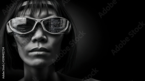 Obraz na płótnie Woman in white tech glasses with glowing reflection. AI-generated black and white conceptual portrait blending cyber theme, individuality and futuristic fashion in sharp light. w salonie