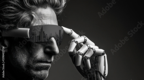 Stylized portrait of man with robotic hand pointing at glasses. AI-generated cyber concept exploring technology, identity and mechanical future in dramatic monochrome.