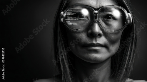 Obraz na płótnie Black and white portrait of woman with reflective tech glasses. AI-generated futuristic concept with cyber identity, urban reflection and bold minimalism in monochrome. w salonie