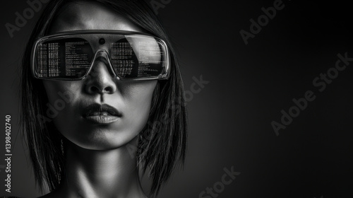 Obraz na płótnie Stylized portrait of woman with linear visor glasses. AI-generated black and white cyberpunk aesthetic with futuristic identity, contrast and clean composition. w salonie