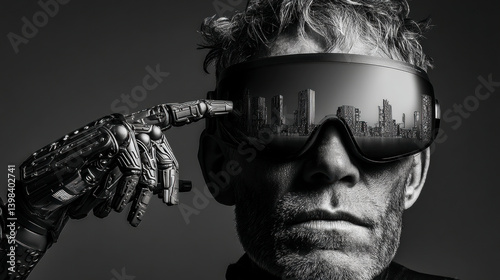 Obraz na płótnie Man with cybernetic fingers and futuristic glasses. AI-generated black and white concept on human-machine integration, identity and dystopian vision of the future. w salonie