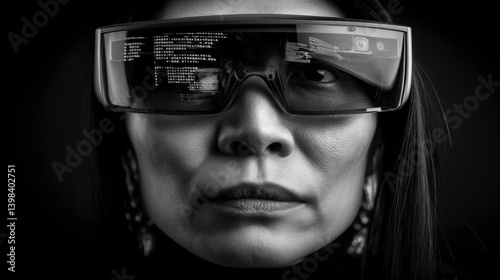 Obraz na płótnie Close-up of woman wearing digital visor glasses showing data. AI-generated black and white portrait mixing cyber identity, future technology and visual overload in high contrast. w salonie