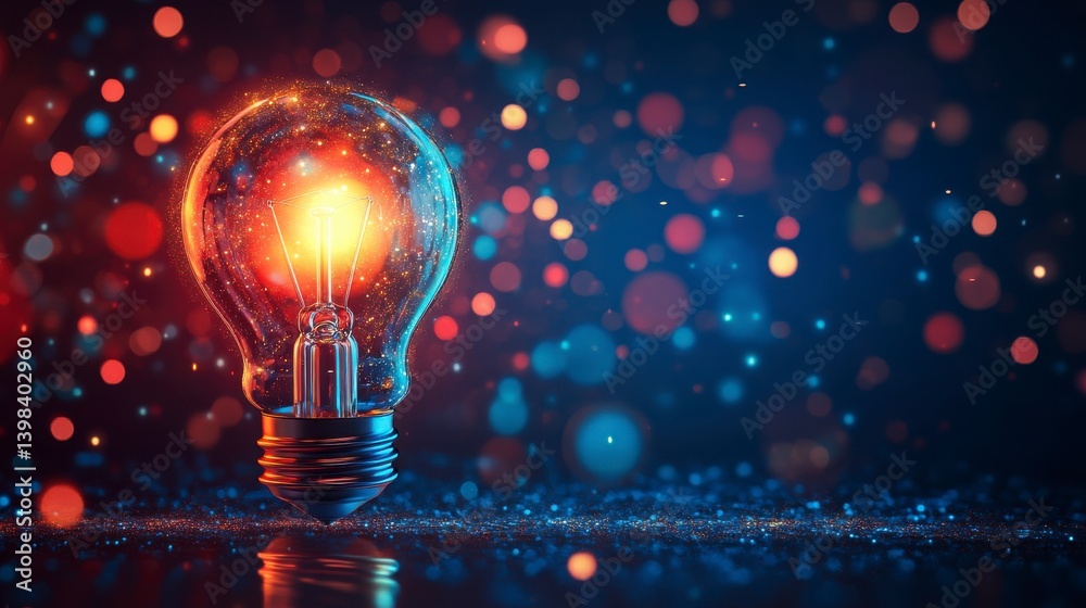 Sparkling Light Bulb in Colorful Bokeh Background at Night Sparkling Light Bulb in Colorful Bokeh Background at Night