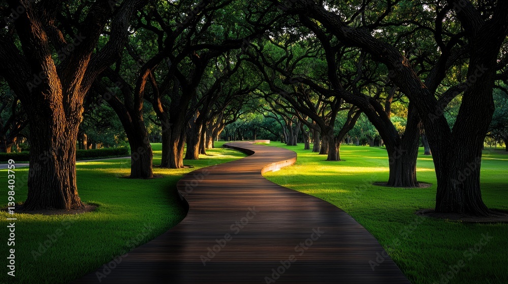 Fototapeta premium A winding wooden walkway among large trees in a park