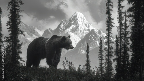 Majestic Grizzly Bear in the Canadian Rockies: A Black and White Masterpiece