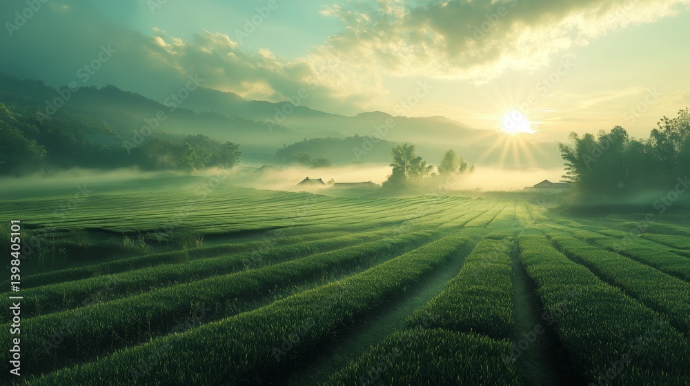 Sunrise over lush green rice fields countryside landscape photography tranquil environment wide angle view nature's beauty