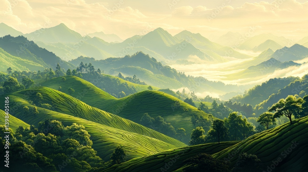 Breathtaking sunrise over rolling hills tea plantations landscape photography serene environment aerial view nature's beauty