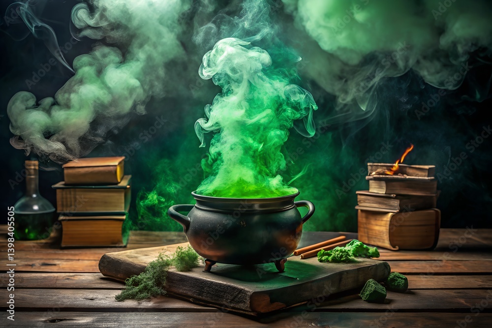 Mysterious Witch’s Cauldron with Bubbling Green Potion in a Dark Fantasy Setting