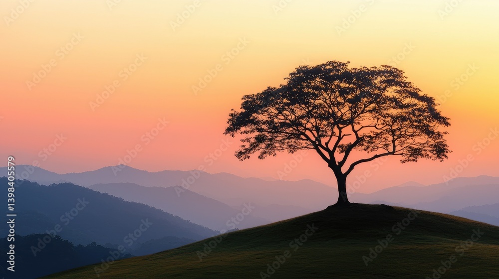 Obraz premium A solitary tree silhouette against a beautiful colorful sunset sky