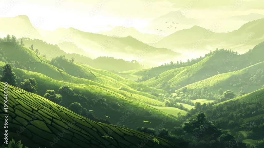 Breathtaking sunrise over rolling hills lush green landscape nature photography tranquil setting wide angle serenity and beauty