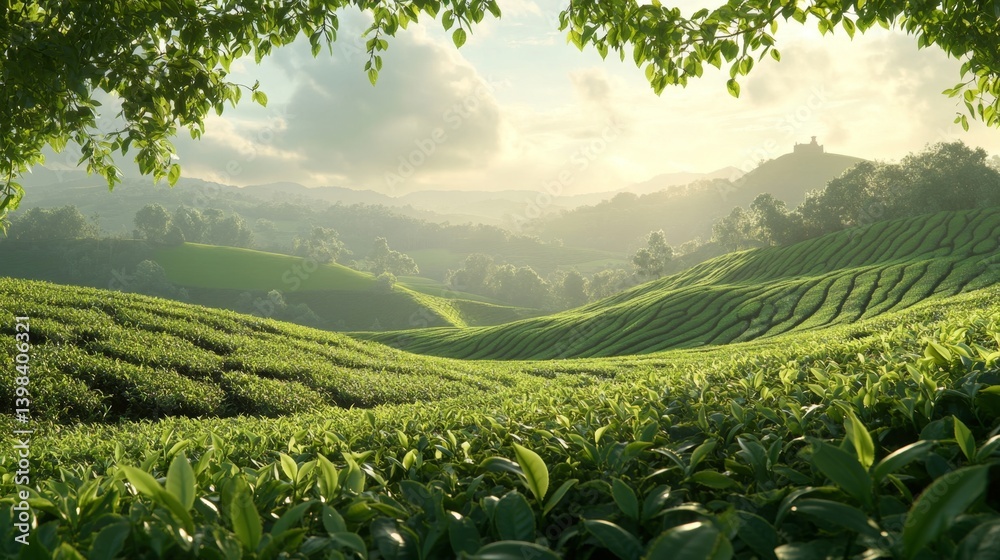 Serene tea plantations rolling hills nature photography lush greenery panoramic view tranquil landscape