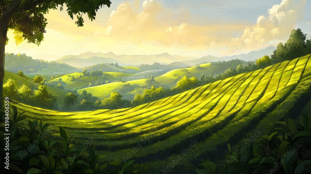 Sunlit green fields serene landscape digital art tranquil environment wide angle nature's beauty unfolds