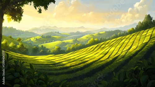 Obraz na płótnie Sunlit green fields serene landscape digital art tranquil environment wide angle nature's beauty unfolds w salonie