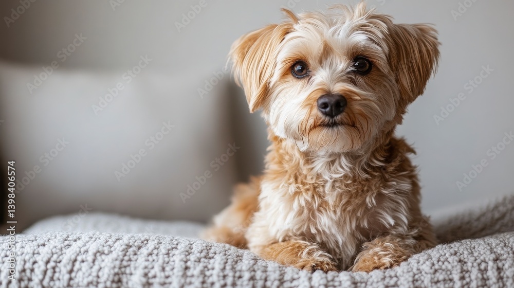 Cute Small Dog Sitting on Soft Blanket in Cozy Indoor Setting Cute Small Dog Sitting on Soft Blanket in Cozy Indoor Setting