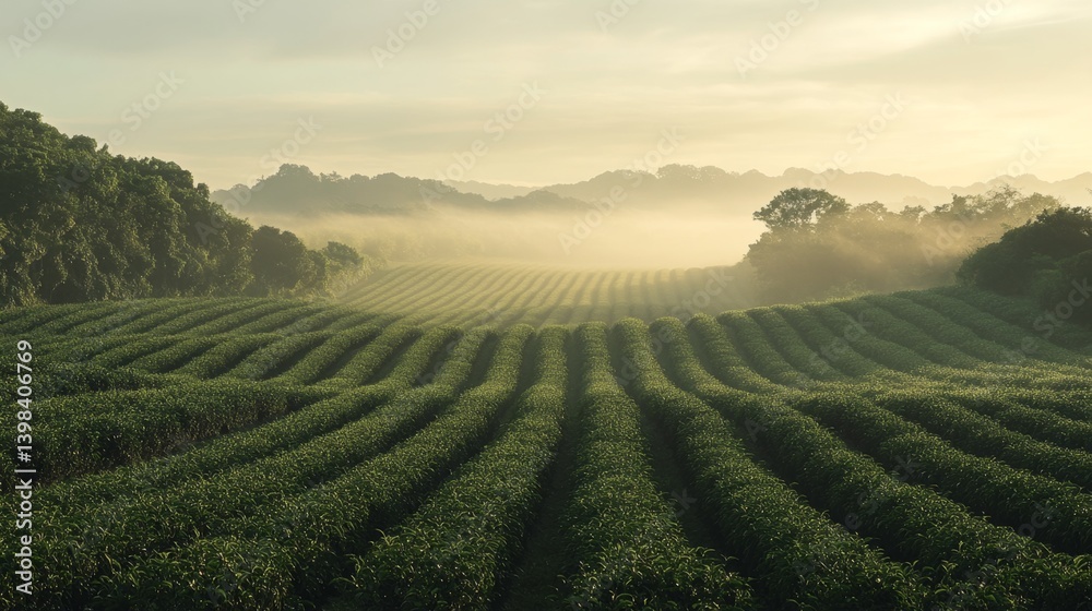 Morning mist over lush green fields scenic landscape tranquil environment high angle view nature's beauty