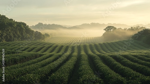 Morning mist over lush green fields scenic landscape tranquil environment high angle view nature's beauty