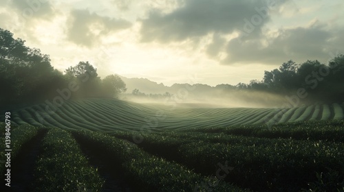 Morning mist over lush green fields nature landscape tranquil environment serene viewpoint captivating concept