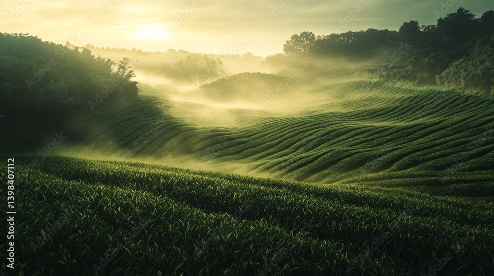Misty sunrise over lush green tea fields serene landscape nature photography tranquil environment