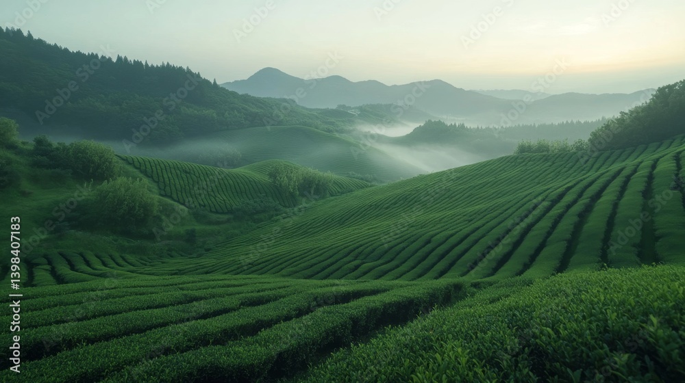 Serene sunrise tea fields zhejiang china scenic view misty landscape tranquil nature experience