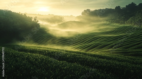 Misty sunrise over lush green tea fields serene landscape nature photography tranquil environment