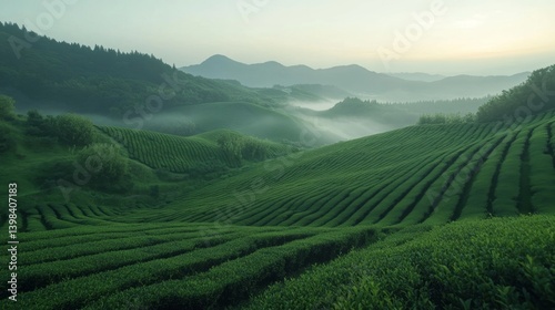 Obraz na płótnie Serene sunrise tea fields zhejiang china scenic view misty landscape tranquil nature experience w salonie