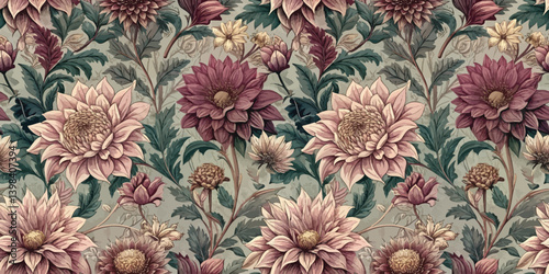 Elegant floral pattern featuring richly colored blooms on a soft background.