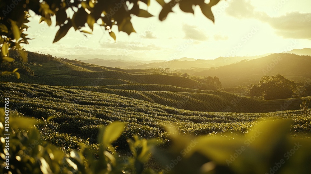 Tea planting sunrise rolling hills nature landscape photography lush environment scenic viewpoint serenity concept