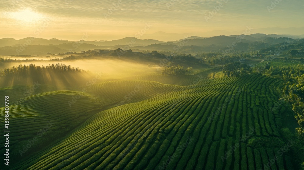 Breathtaking sunrise over lush tea plantations hillside landscape aerial view tranquil nature scene