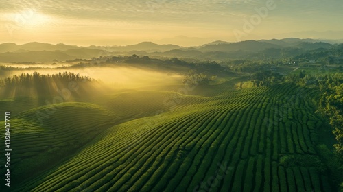 Obraz na płótnie Breathtaking sunrise over lush tea plantations hillside landscape aerial view tranquil nature scene w salonie