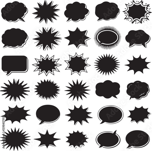 Collection of Comic-Style Vector Elements Speech Bubbles, Explosion Bursts, and Dynamic Action Shapes for Pop Art Designs