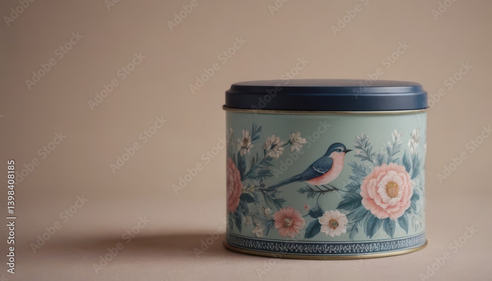 Round tin for tea packaging with vintage artwork