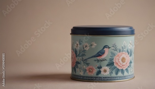 Obraz na płótnie Round tin for tea packaging with vintage artwork w salonie