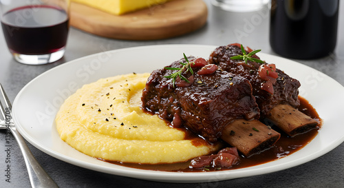Braised Beef Short Ribs Served with Creamy Polenta And Red Wine